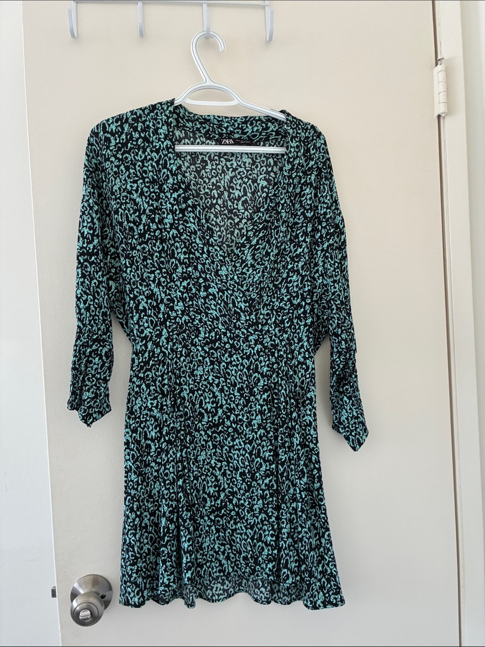 Zara Black and Teal Animal Print Wrap Dress